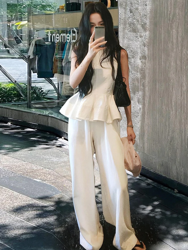 2024 Summer New Hotsweet French Two Piece Sets Women Sleeveless Top + High Waist Wide leg pants Suits