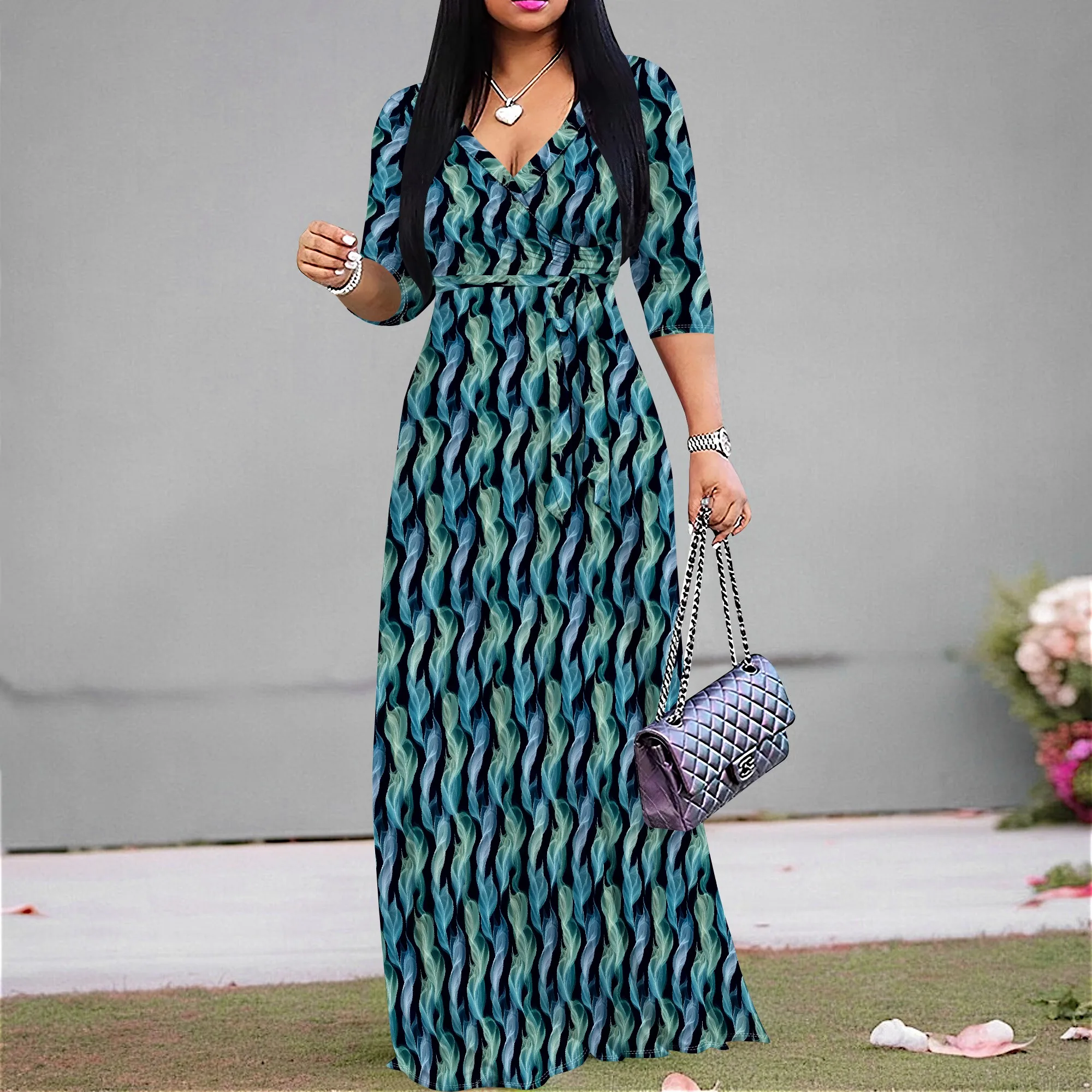 

Abstract Wave Print Maxi Dress for Women Plus Size S-2XL V-Neck Tie Waist Fall Office or Sunday Brunch Style