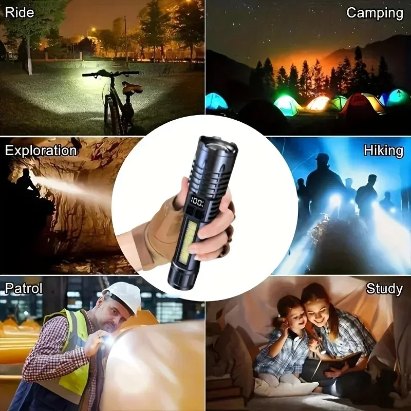 High Power LED Flashlight Portable Zoom Torch Type-C Rechargeable Waterproof Light with COB Side Lamp for Outdoor Camping Hiking