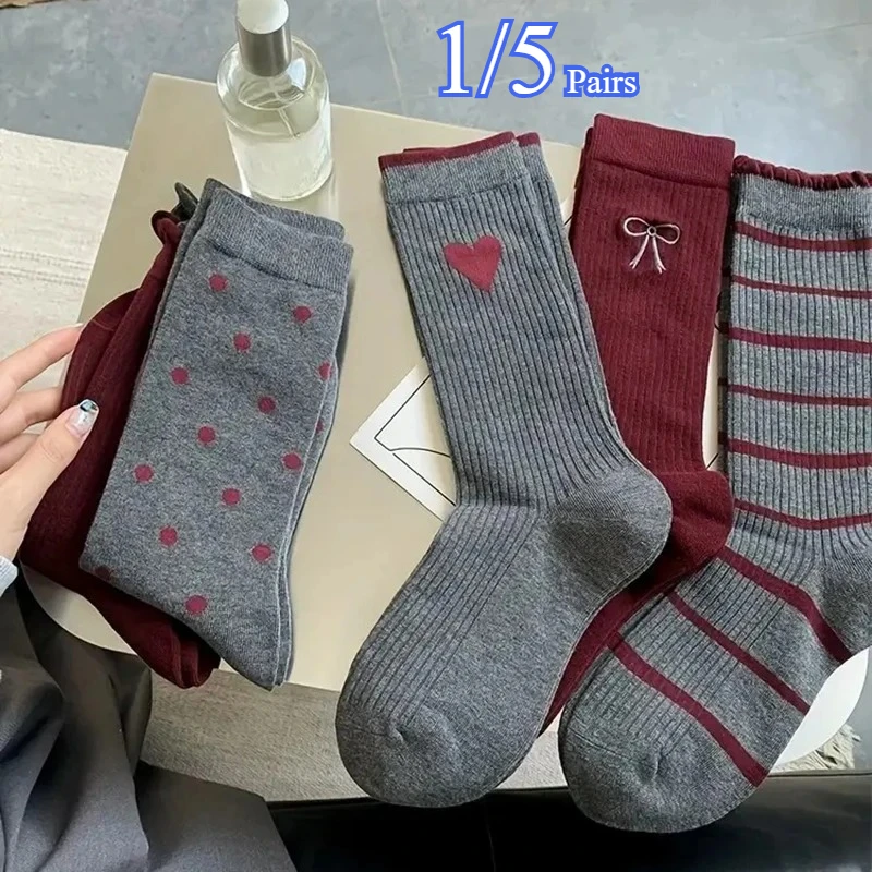 

1/5 Pairs Women Autumn Winter Color Blocked Striped Mid Tube Socks Fashionable Retro College Style All Seasonal Casual Long Sock