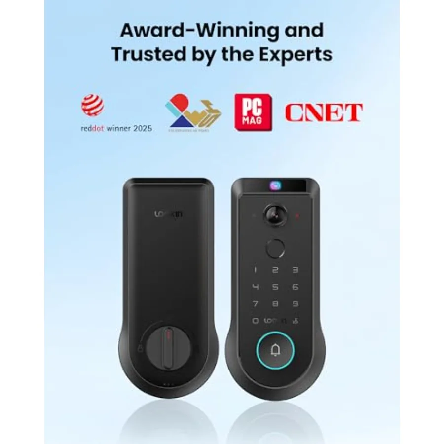 Front door smart lock with 2K 180 security camera video doorbell, aluminum alloy body, matte black finish, AI local storage and