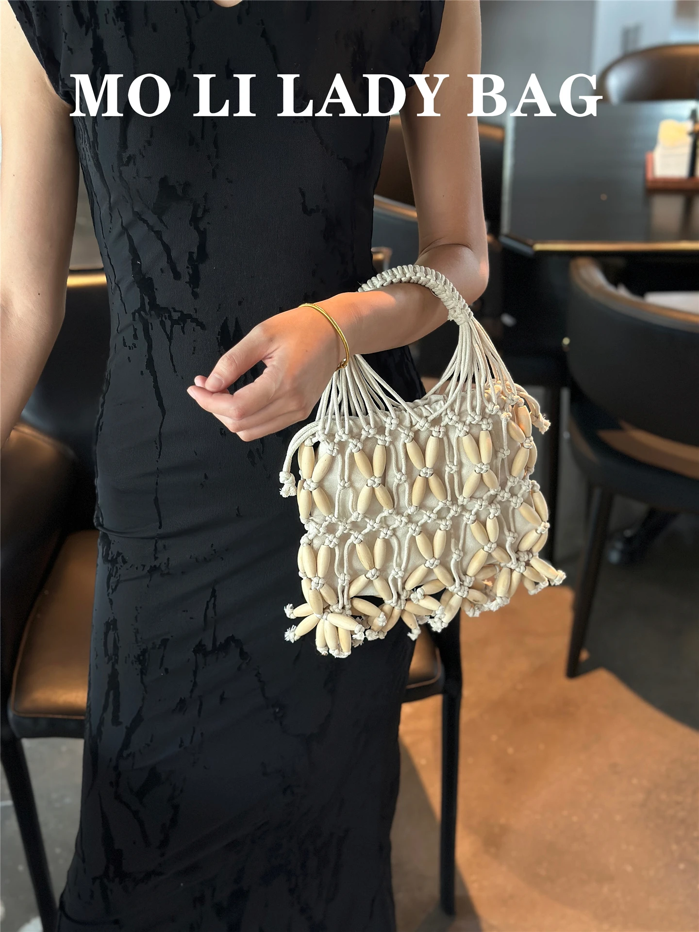 

Bohemian Hollow out Beach Bag 2025 New Style Woven with Wood Beads Tassel Decorated Handbag Small Size for Women