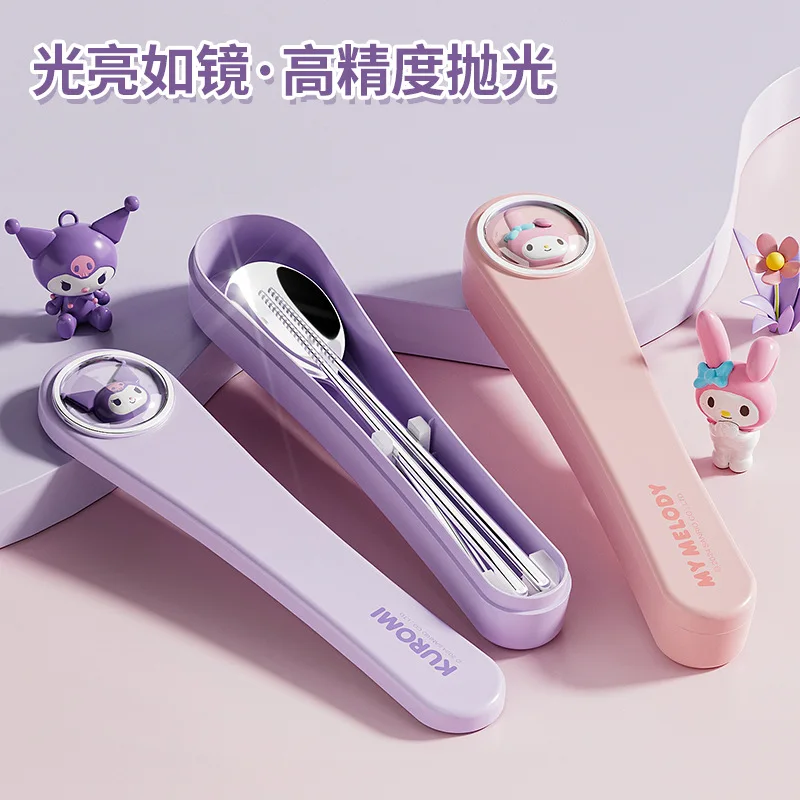 Cute 304 Stainless Steel Sanrioed Spoons and Chopsticks Set Kuromi My Melody Hellokitty Cinnamoroll Cute Portable Tableware Set