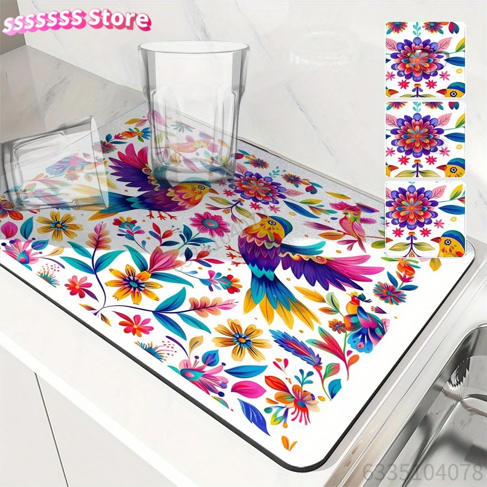 Vibrant Mexican Bird and Floral Design Dish Drying Mat - Hand Drawn, Absorbent Kitchen Countertop Pad for Drying Dishware, Coff