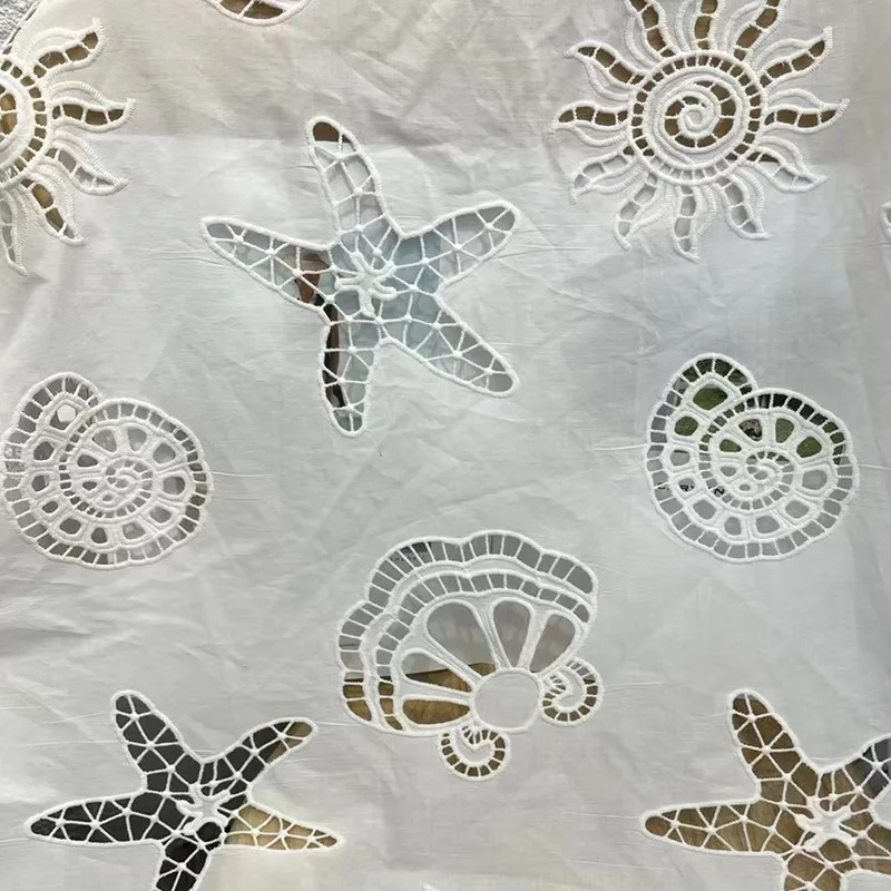 Tela bordada de encaje calado de algodón 100% con patrón de concha para coser ropa de vestir, tela artesanal hecha a mano DIY