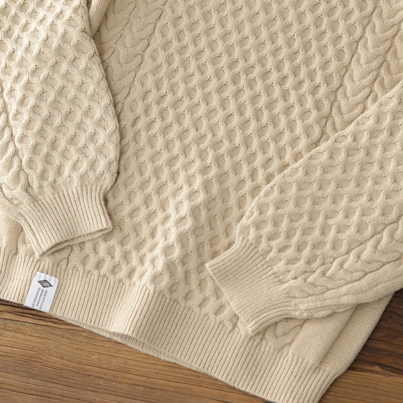 Vintage Knitted Sweater Men Winter New Thick Beige Round Neck Loose Large Size Long Sleeve Sweater Retro Casual Pullover Tops