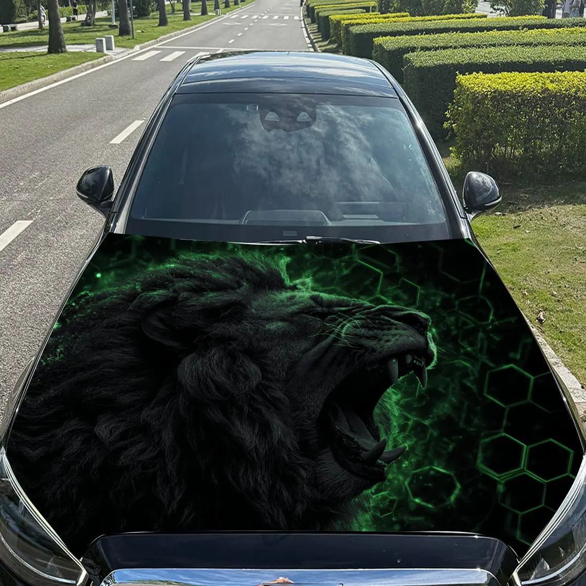 غلاف فينيل للسيارة باللون الأخضر - Shining Sci - Fi Lion Roaring، ملصق غطاء السيارة المقاوم للماء من مادة PVC، ذاتي اللصق ومقاوم للخدش