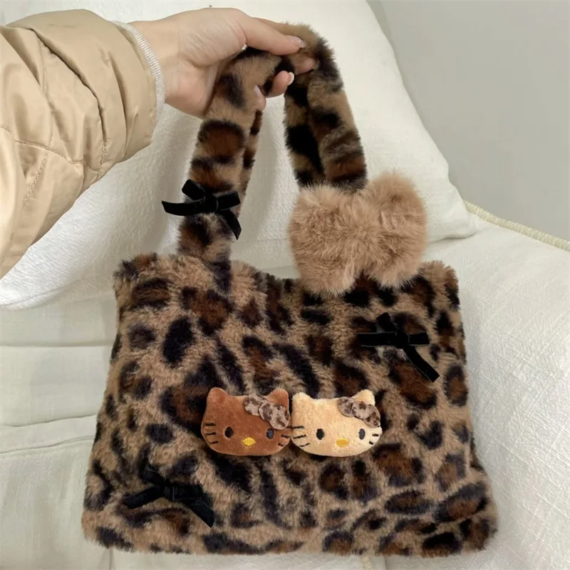 Sanrio Hello Kitty Y2K Cartoon Hairy Leopard Print Handbag Winter Bag Large Capacity Storage Creative Wallet A Gift for Girls