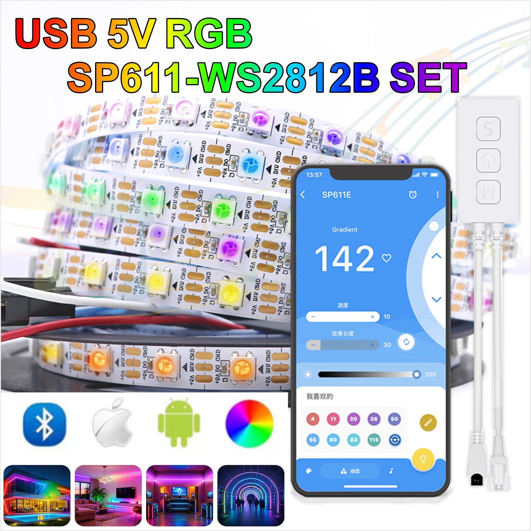 WS2812 LED Strip Kit SP611E USB 5V APP Controller RGB Addressable Dream Color 30/60LEDs/m 1-5M for TV Backlight Gaming Room Home