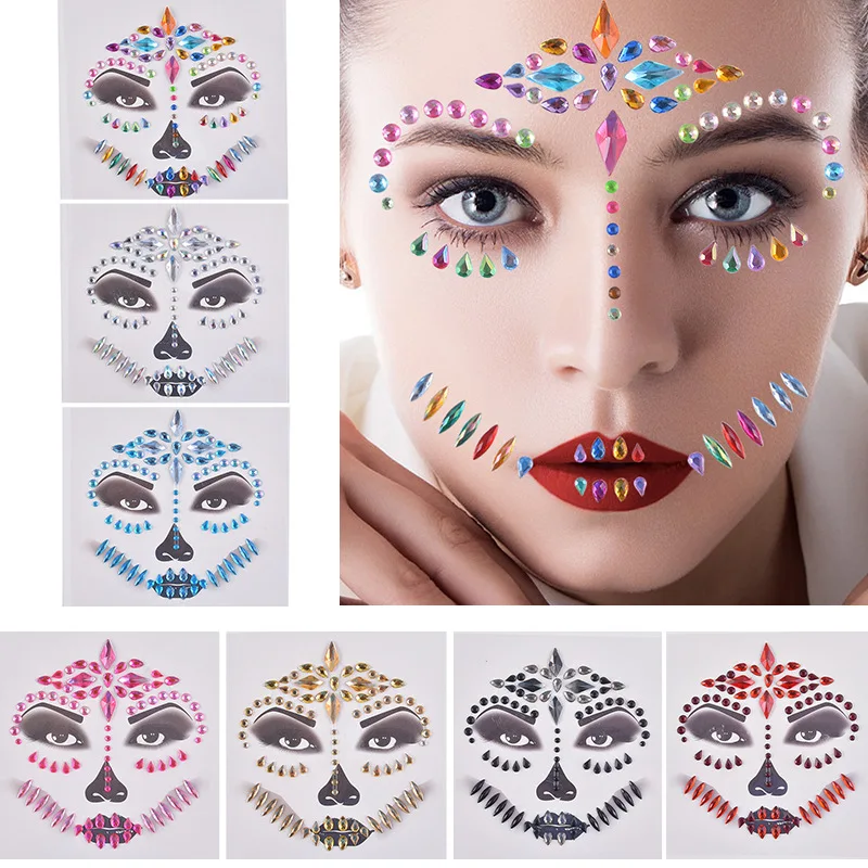 3D Shiny Crystal Face Tattoo Stickers Bar Music Festival Rhinestone Tattoo Stickers Carnival Party Face Decorations Face Jewels