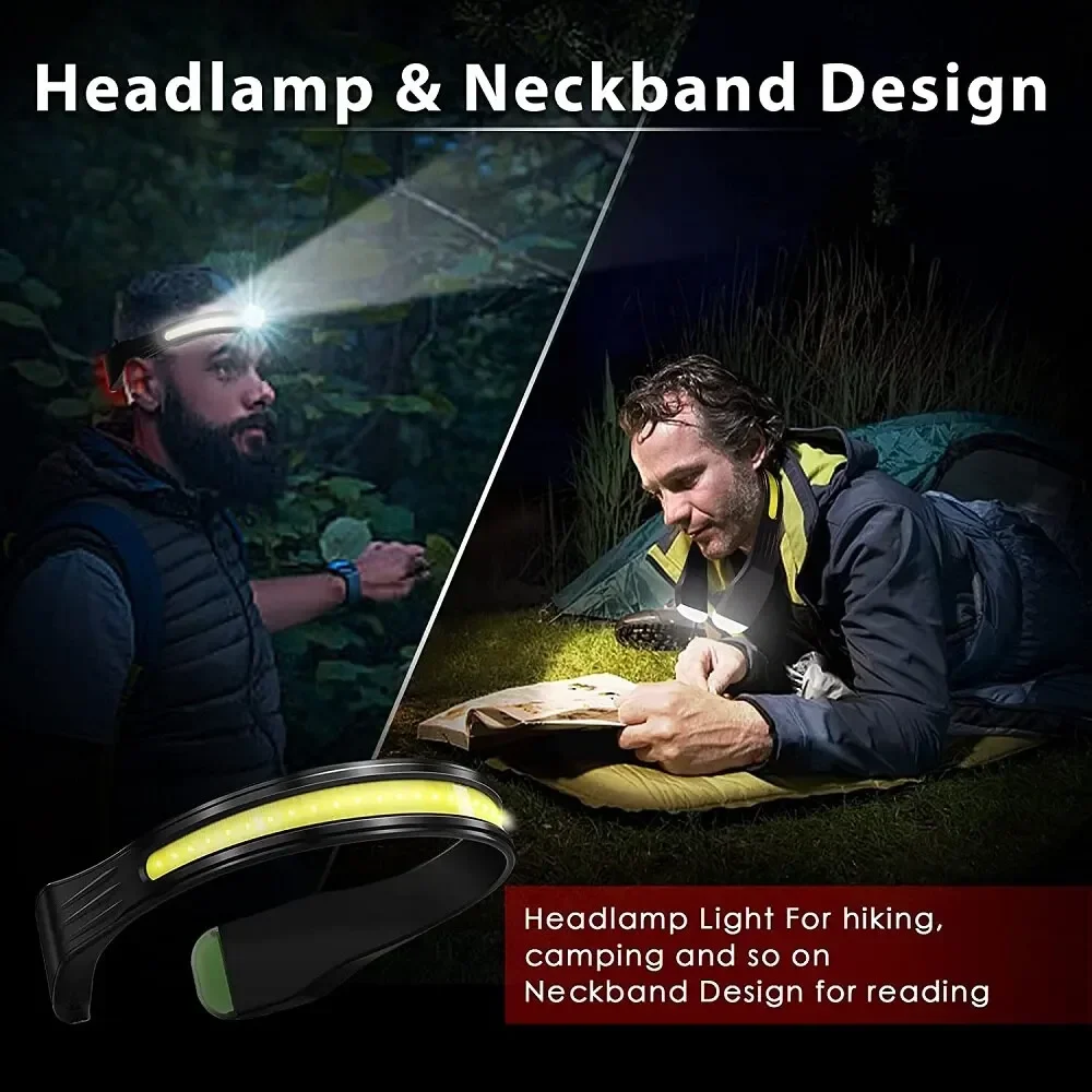 Rechargeable Headlight Headlamp 3 Lighting Modes COB with Tail Red Light Wide Angle Lighting for Outdoor Running Camping Work