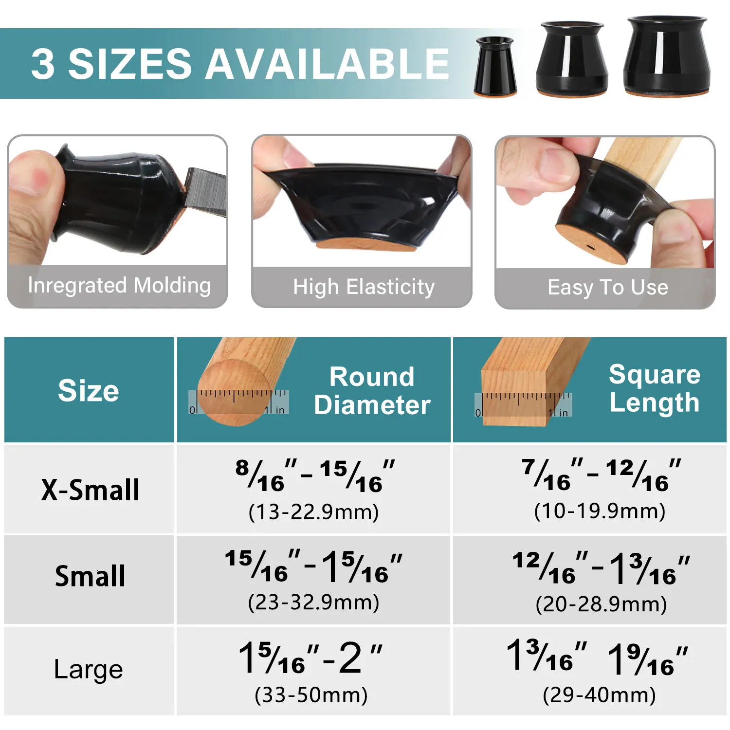 36 pcs Black silicone chair leg protectors with brown bases, suitable for furniture casters with felt pads on hardwood floors