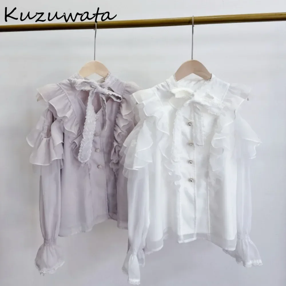 Kuzuwata Sweet O Neck Flare Sleeve Mesh Shirt Ruffles Off Shoulder Lace All-match Blouses Japan Fresh Bow Unique Gentle Blusas