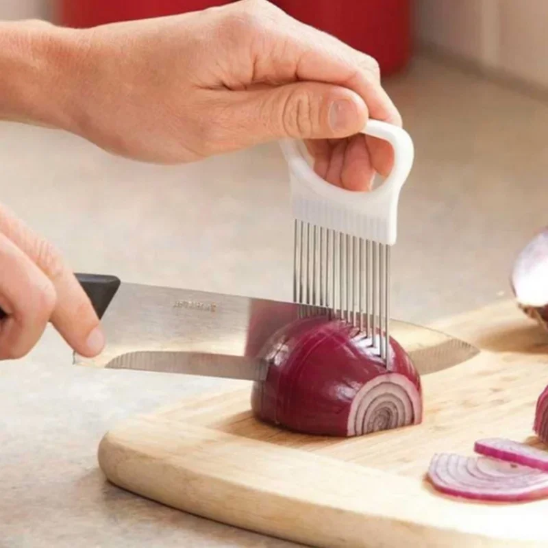 Effortlessly Slice Onions with This 1pc Colorful Onion Slicer Kitchen Stainless Steel Potato Chip Onion Holder