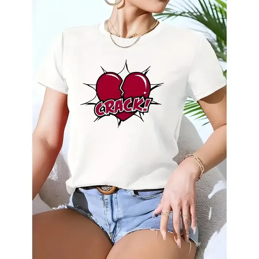 Camiseta Informal con Estampado de Corazón Roto Estilo Cómic, Perfecta para el Hogar o para Regalarle a Ella, Regalo Ideal para Año Nuevo o Día de San Valentín