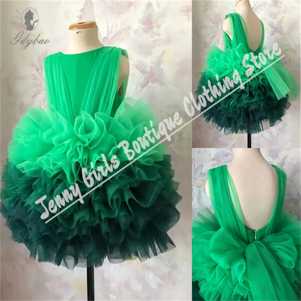 Gradient Green Fully Ruffles Customize Flower Girl Dress Pleated Tulle Short Wedding Small Children Party Tulle Dress