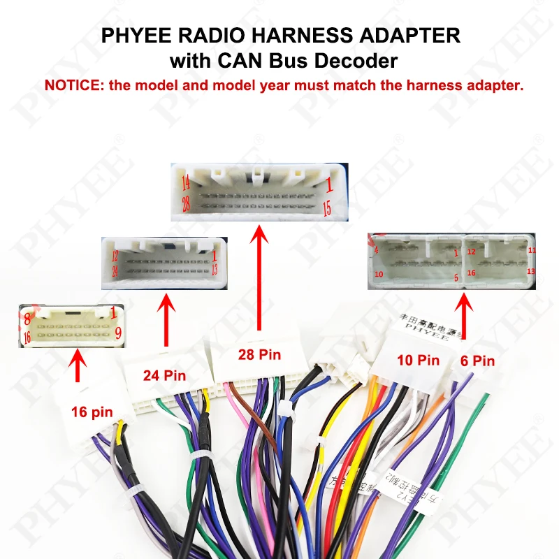 28/24/16 Pin Wiring Harness CAN Bus Decoder, SWC Reverse Cam Support, 16Pin Android, for Toyota Corolla Hilux Yaris Camry RAV4