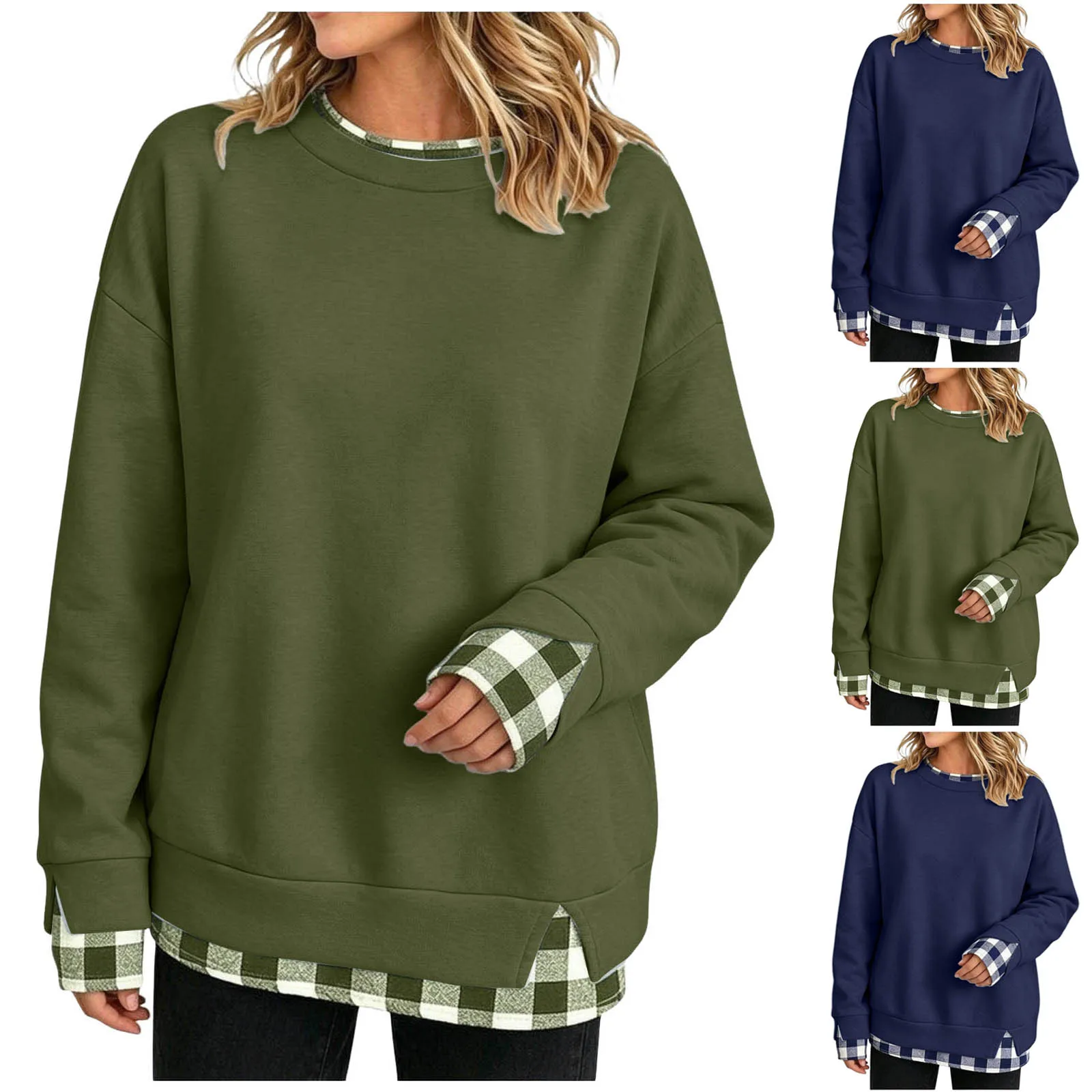 Women's Fake Two-Piece Oversize Sweatshirts With Plaid Hem Side Slit Long Sleeve Pullover Loose Fit Round Neck Sweatshirts Tops