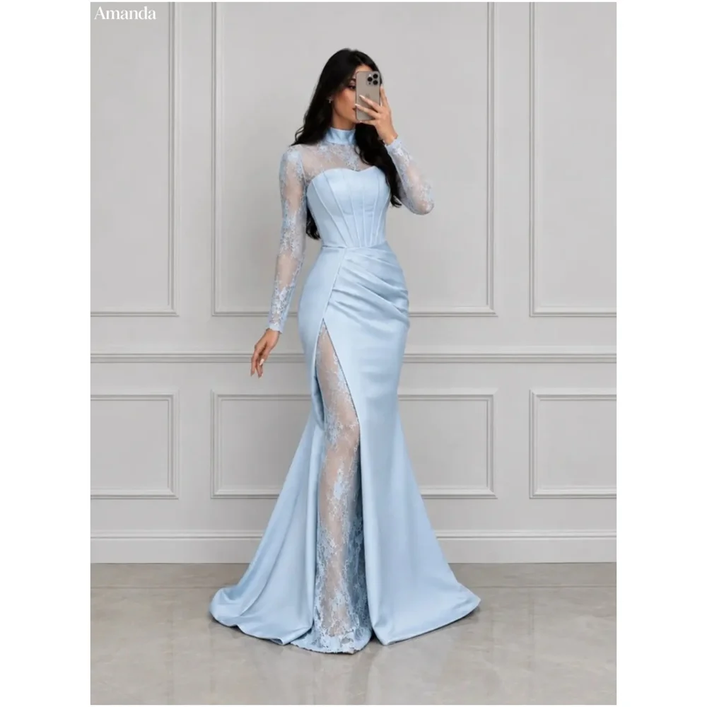 Amanda Customizd High neck Lace Long sleeve Mermaid dress Evening gowns Satin High Side Split Elegant Women's dresses Prom gowns