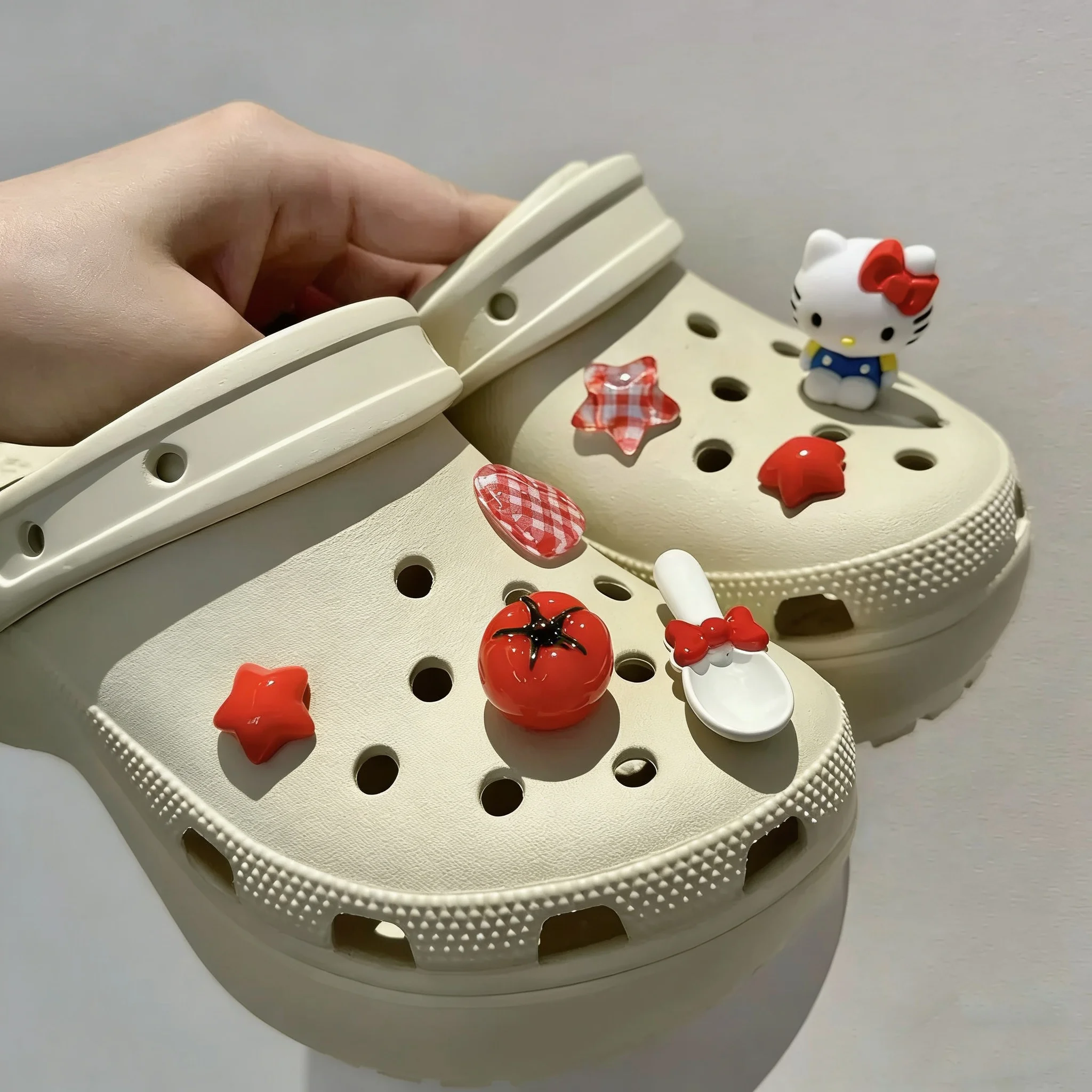 Sweet & Cool  Hello Kitty Set DIY Shoe Charms Tomato Red Garden Accessories Buckle Fit Clogs Sandals Decorate Party Gifts