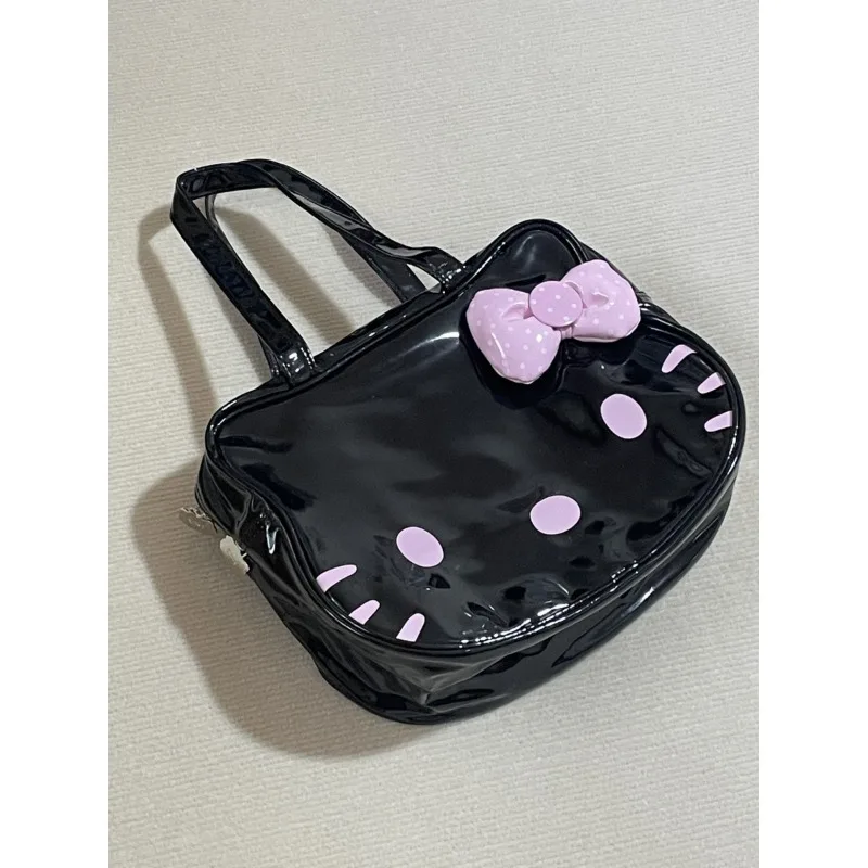 MBTI Hello Kitty Womens Shoulder Bag Black Leather Cute Bow Harajuku Fashion Cartoon Tote Bag New Style Casual Female Handbag