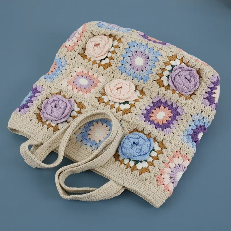 Knitted bag, hand woven three-dimensional flower shoulder bag, new yarn crochet grandmother square bag