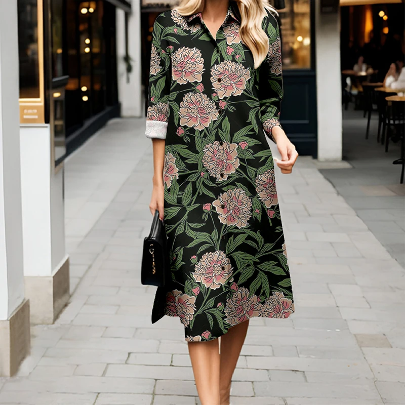 New Spring/Fall Women's Collared Shirt Dress Casual Button-Down Long Dress Retro Floral 3D Print Elegant Long Comfort Dress