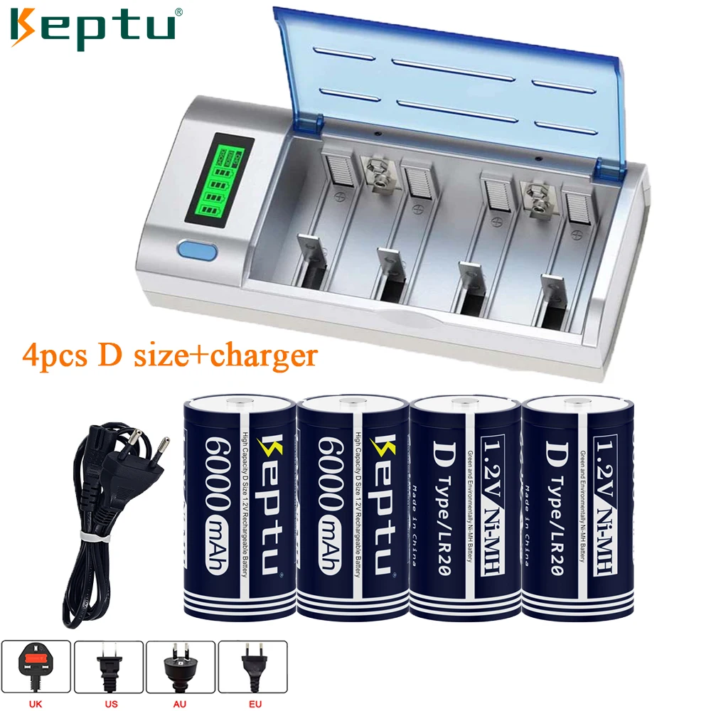 

KEPTU 4Pcs D Size battery 6000mAh 1.2V NI-MH R20 rechargeable battery and LCD Charger for 1.2V NIMH NICD AA/AAA C/D