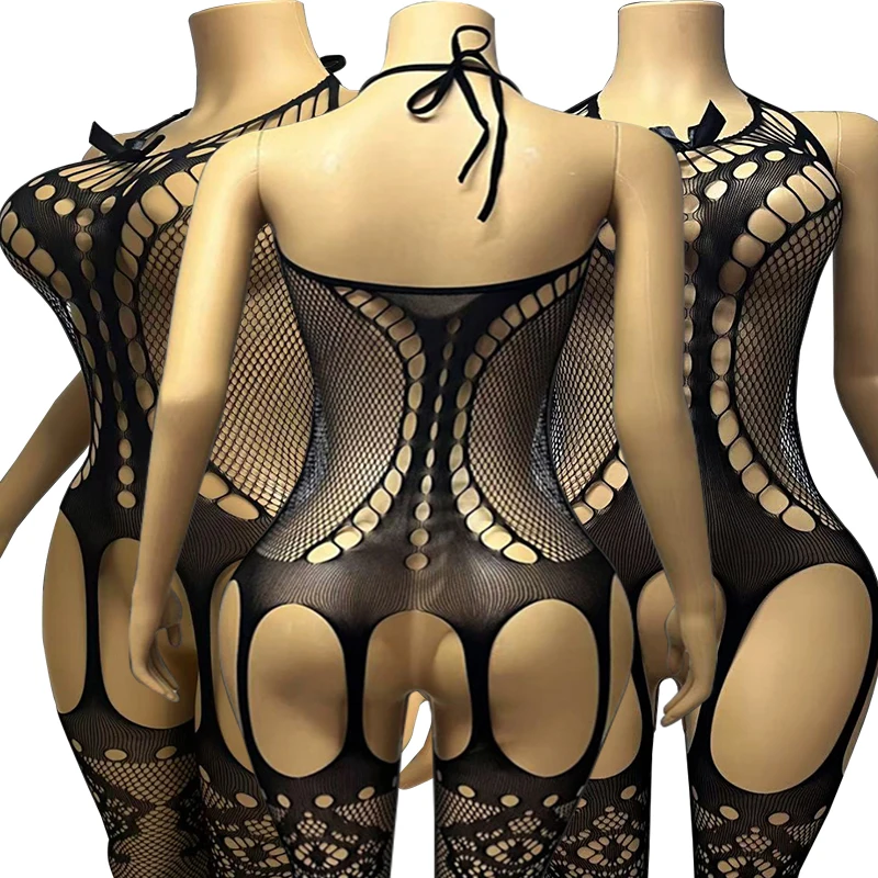 Porn Underwear Crotchless Bodysuits Sexy Halter Neck Bodystockings Erotic Lingerie Women Lace Fishnet Hollow Teddies Body Suits