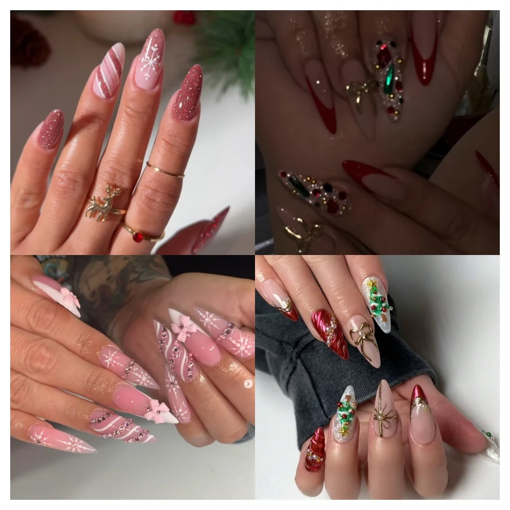 

Christmas Press On Nails Handmade Almond Luxury Fake Nails Painting French 3D Snowflake Design Reusable 10 Pcs Acrylic Nails Kit