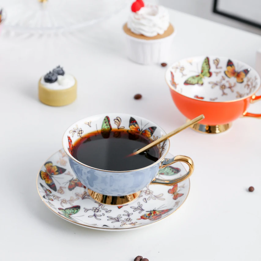 European Coffee Cup and Saucer Set, Colorful Butterfly, British Bone China, Afternoon Tea Party Porcelain Teacup