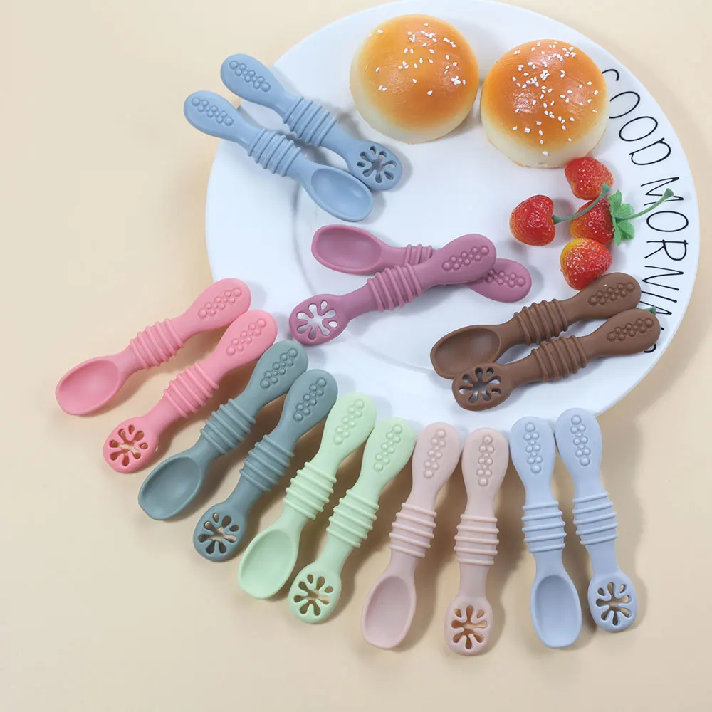 Silicone world 2PCS Baby Learning Spoons Utensils Set Silicone Sticky Spoon Children Cutlery Training Spoon Feeding Tableware