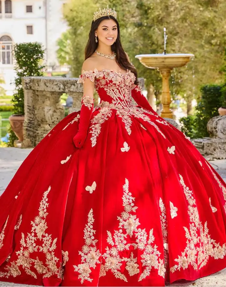 Vestido de terciopelo azul marino para quinceañera, traje de princesa con capa, apliques de Gillter, corsé con cordones, 15 quinceañeras rojos