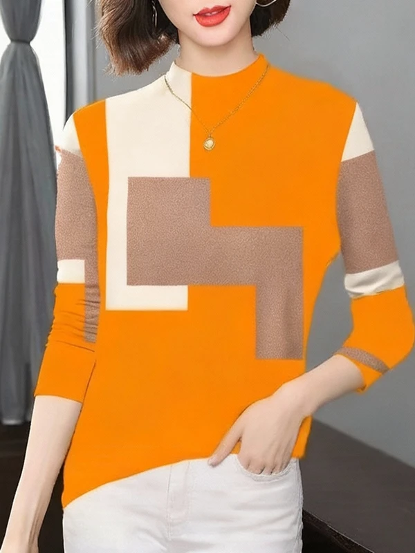

Warm Fleece Lined Long Sleeve Knitted Geometric Print Top for Middle-Aged Women Half High Collar Slimming Anti-Aging Mom Clothes