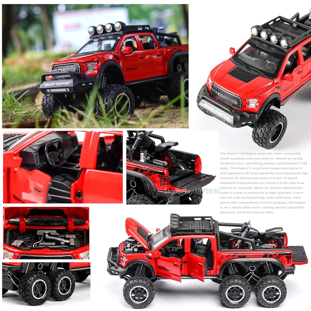 1/28 Scale Raptor F150 Pickup Big Wheels Car Model Toy Alloy Diecast Metal Monster Truck Car Offroad Vehicle for Kids Collection