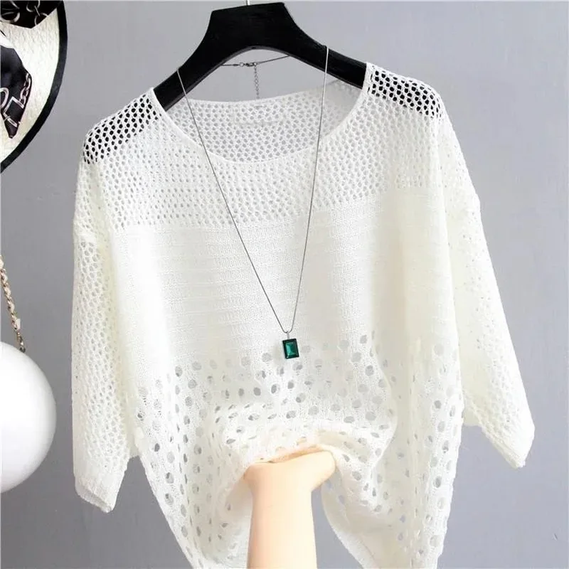 Frauen Chic Kurzarm Stricken T-shirt Casual Strand Schlank Tops Oansatz Sexy Aushöhlen Stricken Hemd Für Frauen 2024 Sommer