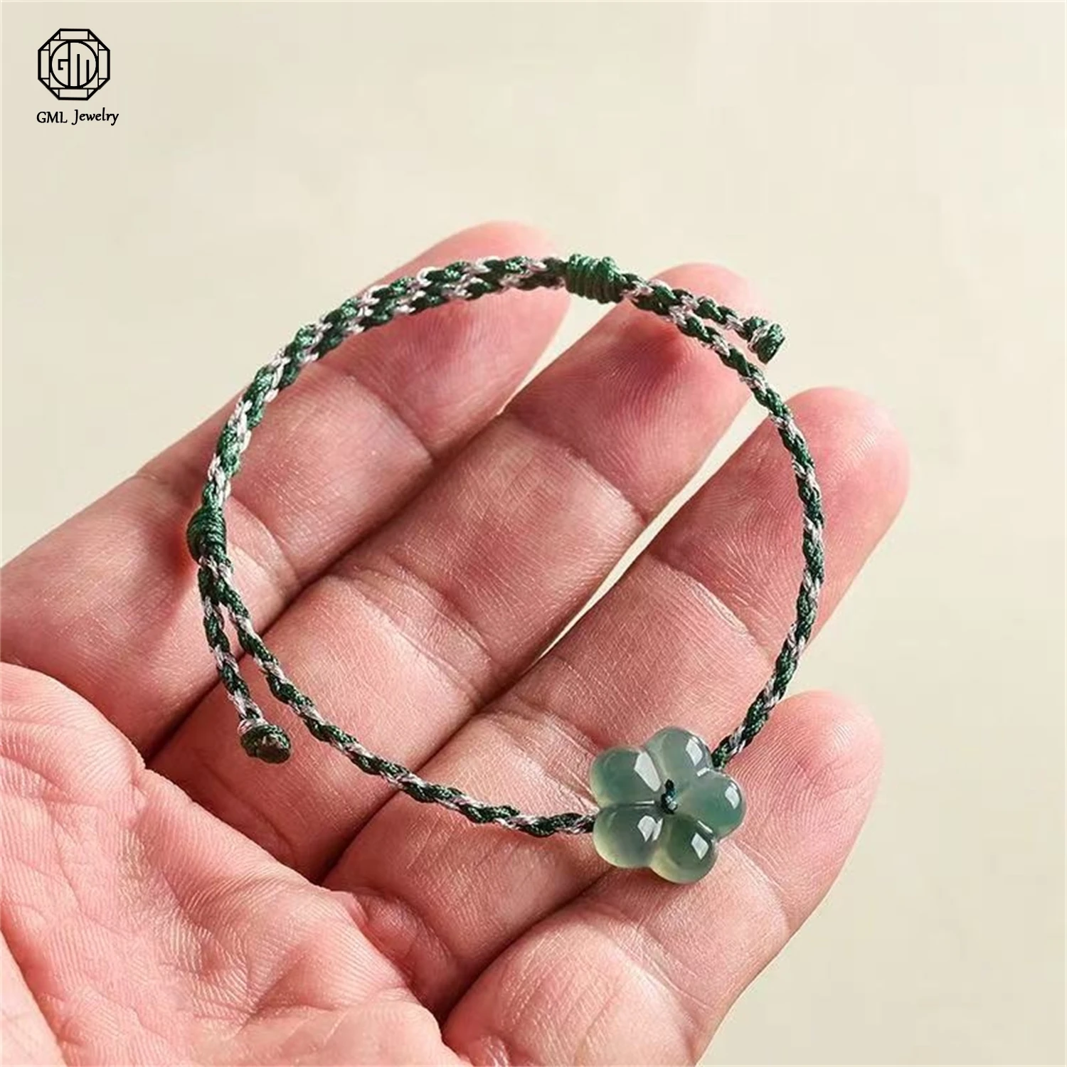 Natural Grade A Jadeite Blue Water Peach Blossom Wealth Flower Handmade Braided Couple Bracelet Unisex Men Women Jewelry Gift