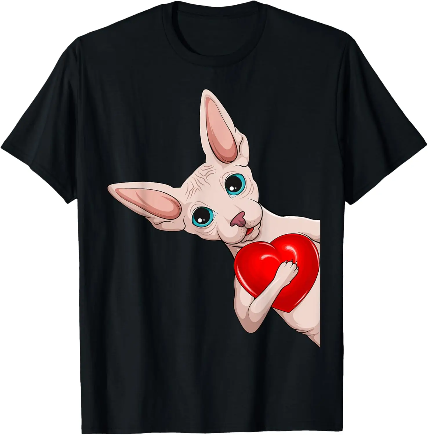 

Sphynx Cat Holding Heart Funny Hairless Cat Graphic Tee Casual Cotton T-Shirt Men