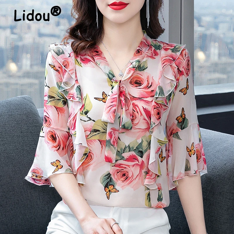 Women\'s Stylish Floral Print Ruffle Lace Up Blouse Elegant V Neck Short Sleeve Shirt Casual Loose Chiffon Tops Blusas Para Mujer