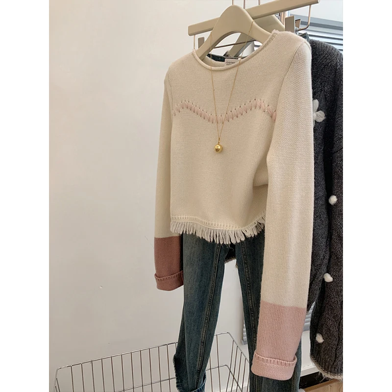 

Autumn Winter Color Blo Knitwear Top Loose Lazy Sle Outerwear Tassel Sweater Warmth Heating Long Sve round Ne Regula...