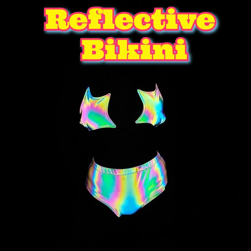 Conjunto de biquíni com estampa de estrela reflexiva, alças ajustáveis, maiô de duas peças, roupa de balada sexy, glitter, praia, piscina, festa, férias de verão