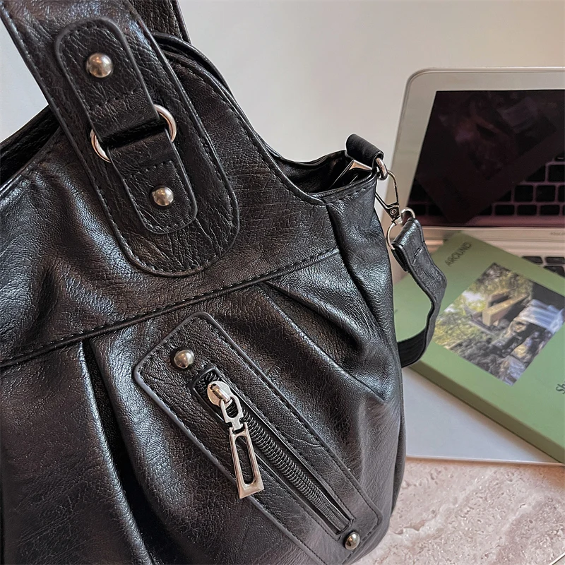 Vintage PU-Leder Tragetasche für Damen, Große Kapazität, Casual Tragetasche, Damen Schulter- und Umhängetasche für Arbeit, Reisen und den täglichen Gebrauch – Detail 19