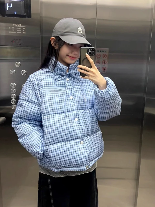 

Зимняя утепленная хлопковая куртка для женщин в корейском стиле, свободного кроя, с отстегивающимся воротником, в клетку, с рукавами-буфами, хлопковое пальто