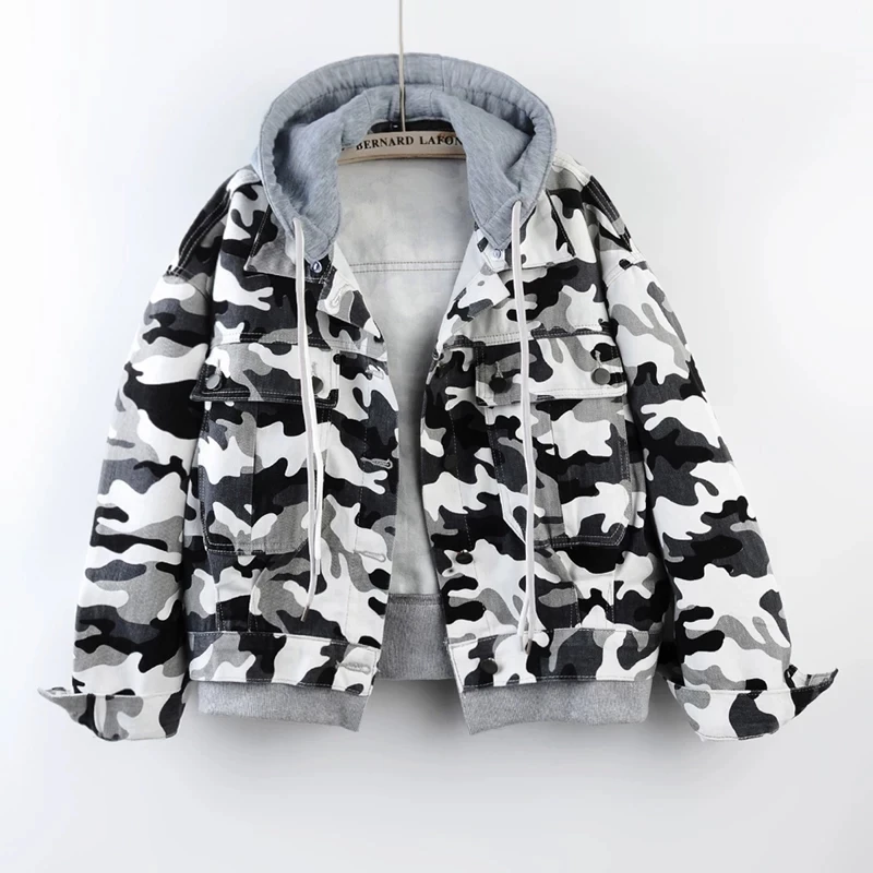 Fashion Camouflage Printing Short Jeans Jacket Women Removable Hooded Big Pocket Single-Breasted Long Sleeve Cowboy Outerwear