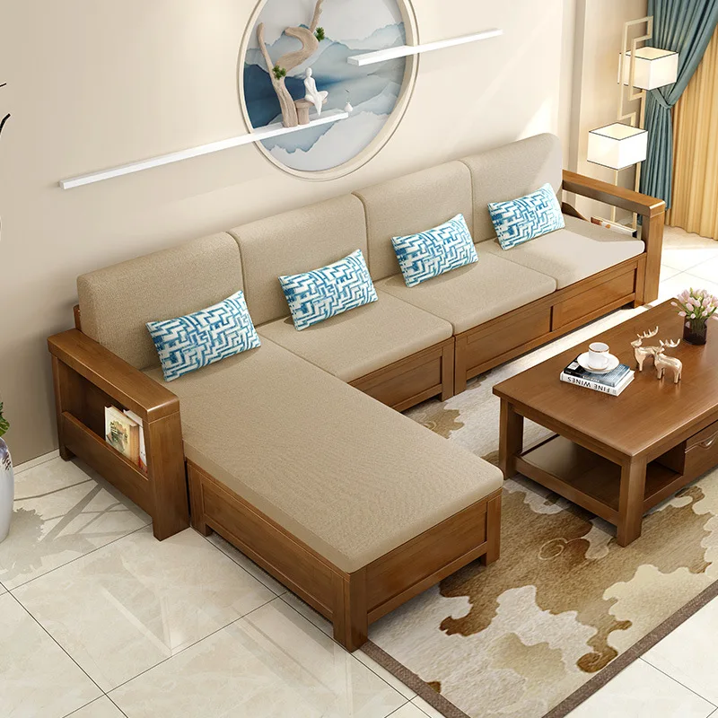 Solid wood sofa combination modern new Chinese living room wooden winter and summer dual-purpose small apartment corner