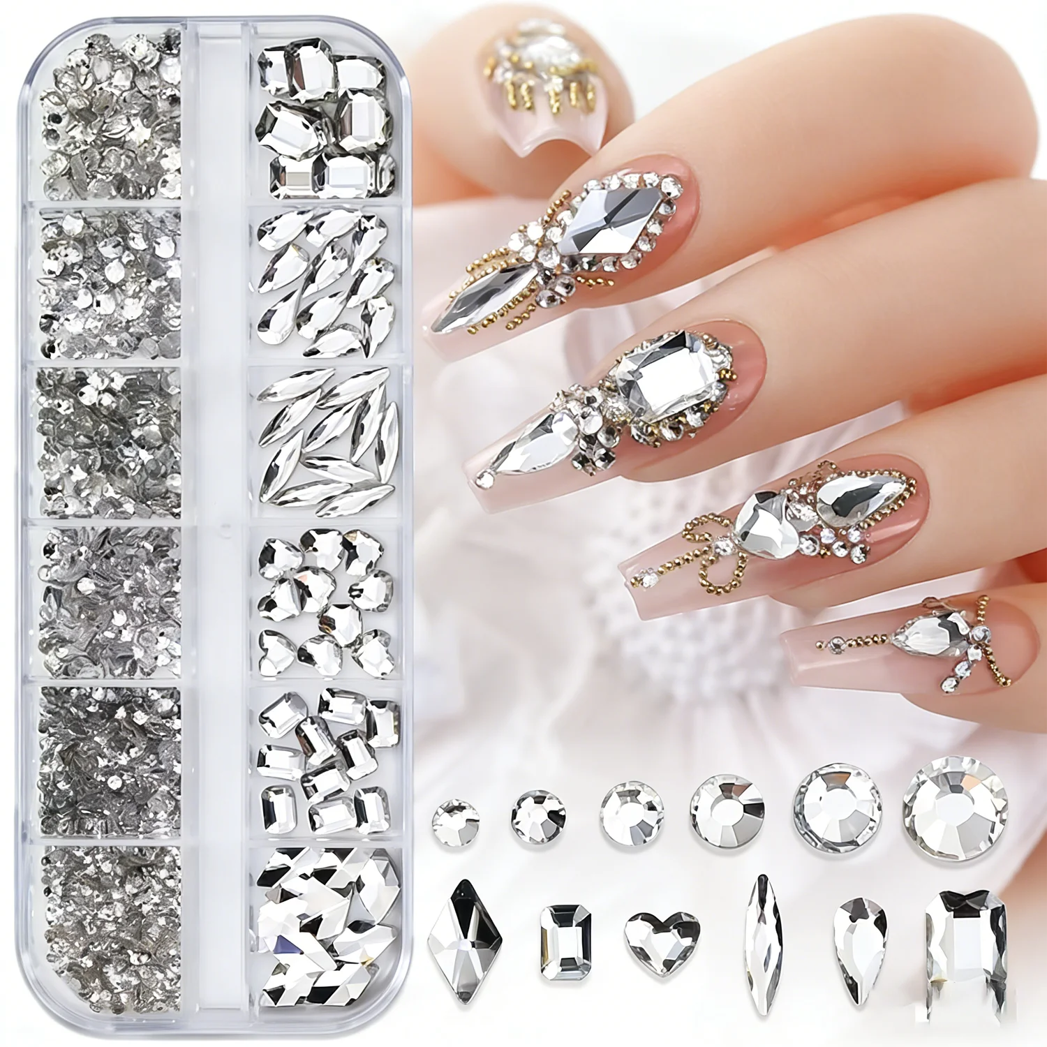 12 Palace Grid / 1 Box of Transparent Plating Bottom Nail Water Diamond Heart, Water Drop, and Other Size Mixed Nail Flat Bottom