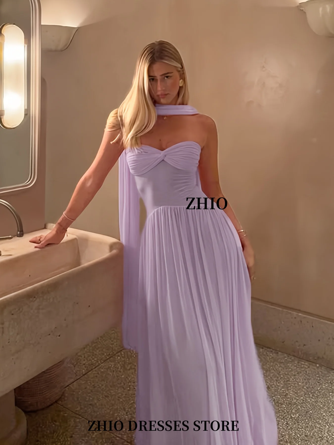 ZHIO Elegant Off-Shoulder Party Dress With Mesh Panel Twisted Tie Details Lavender Long Beach Vacation Evening Dress Customized