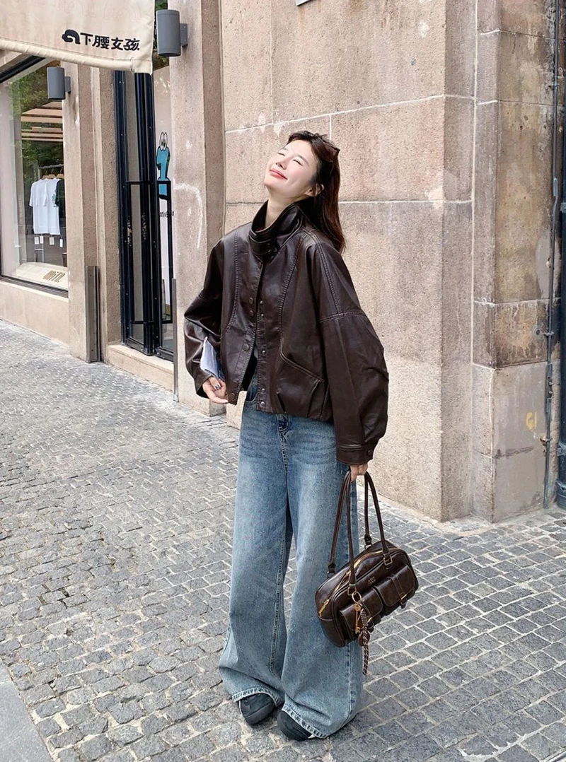 Women Faux Leather Jacket Stand Collar Snap Button Coat Oversized Drop Shoulder Bomber Y2K Retro Streetwear Autumn Outerwear Top