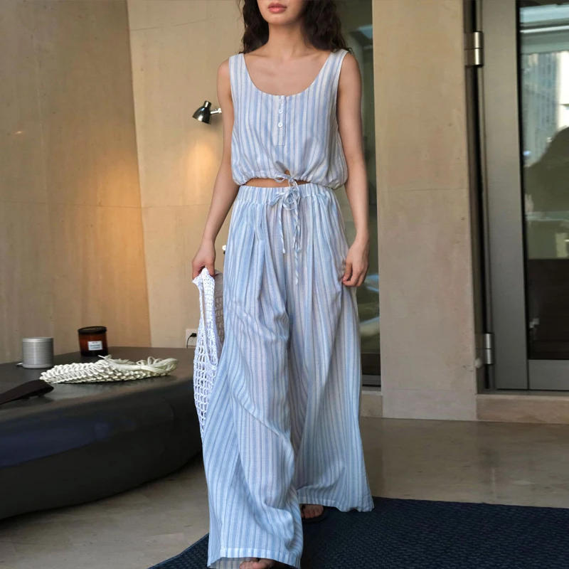 Johnature Summer New Korean Version Resort Striped Vests 2025 New Casual Simple Drawstring Tie Short Casual Tops Women