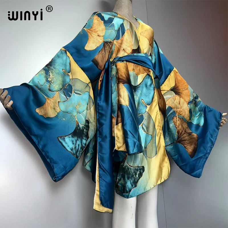 WINYI bohemian print kimono beach outfits women Swim Suit Cover up boho Cardigan stitch Self Belt Holiday long Sleeve print coat